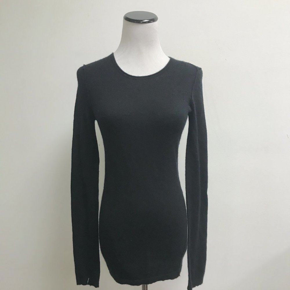 J Park black cashmere long fitted tunic reverse edge sweater top XS S